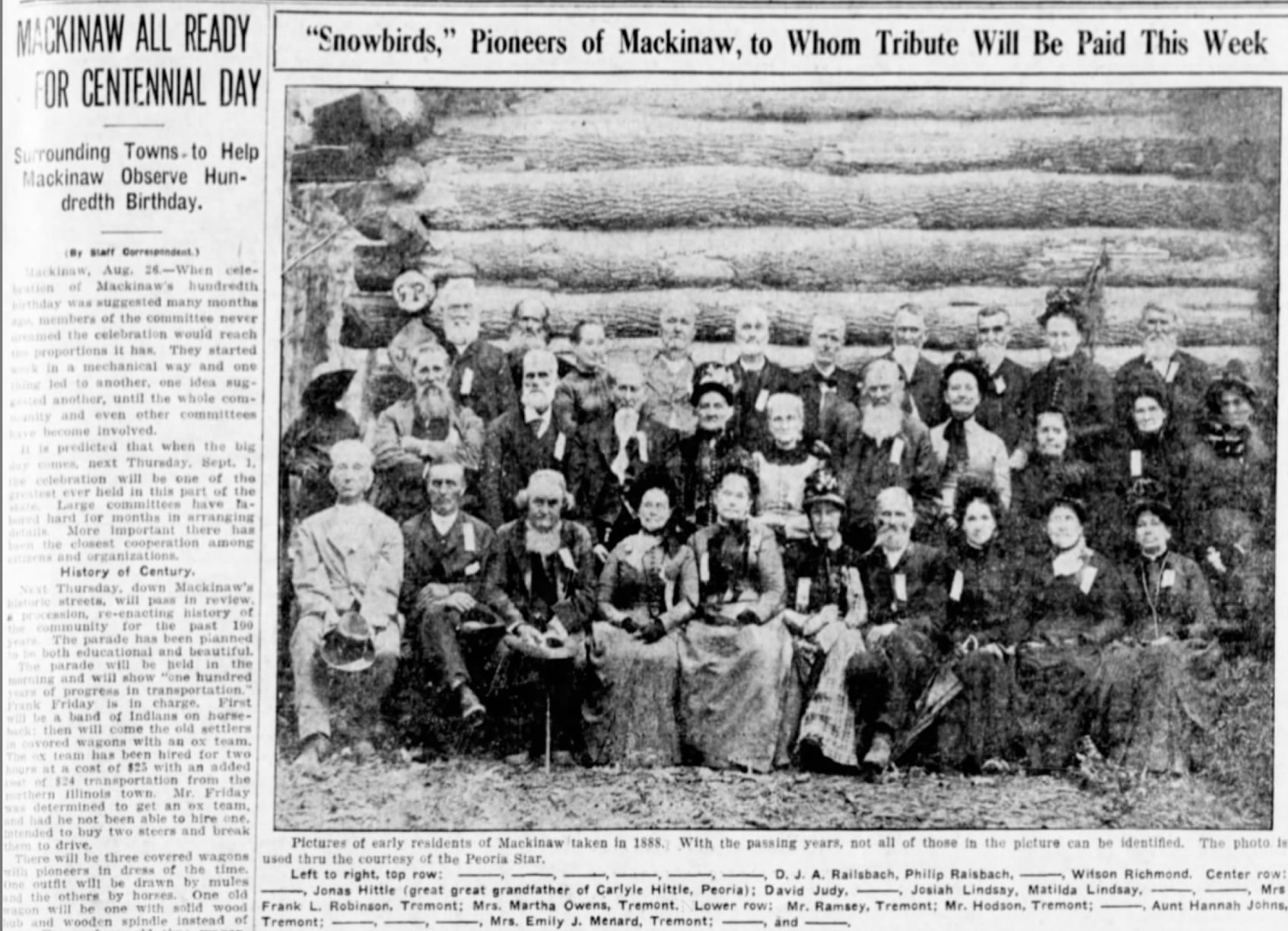 "Snowbirds," pioneers of Mackinaw, to whom tribute will be paid this week